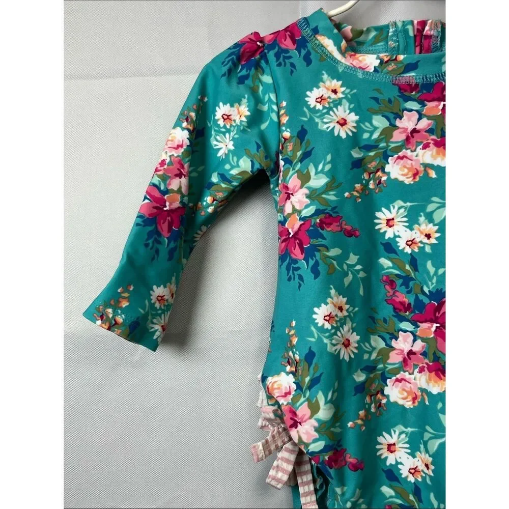 RuffleButts green and pink floral back zipper rash guard one piece swim 6-2 m